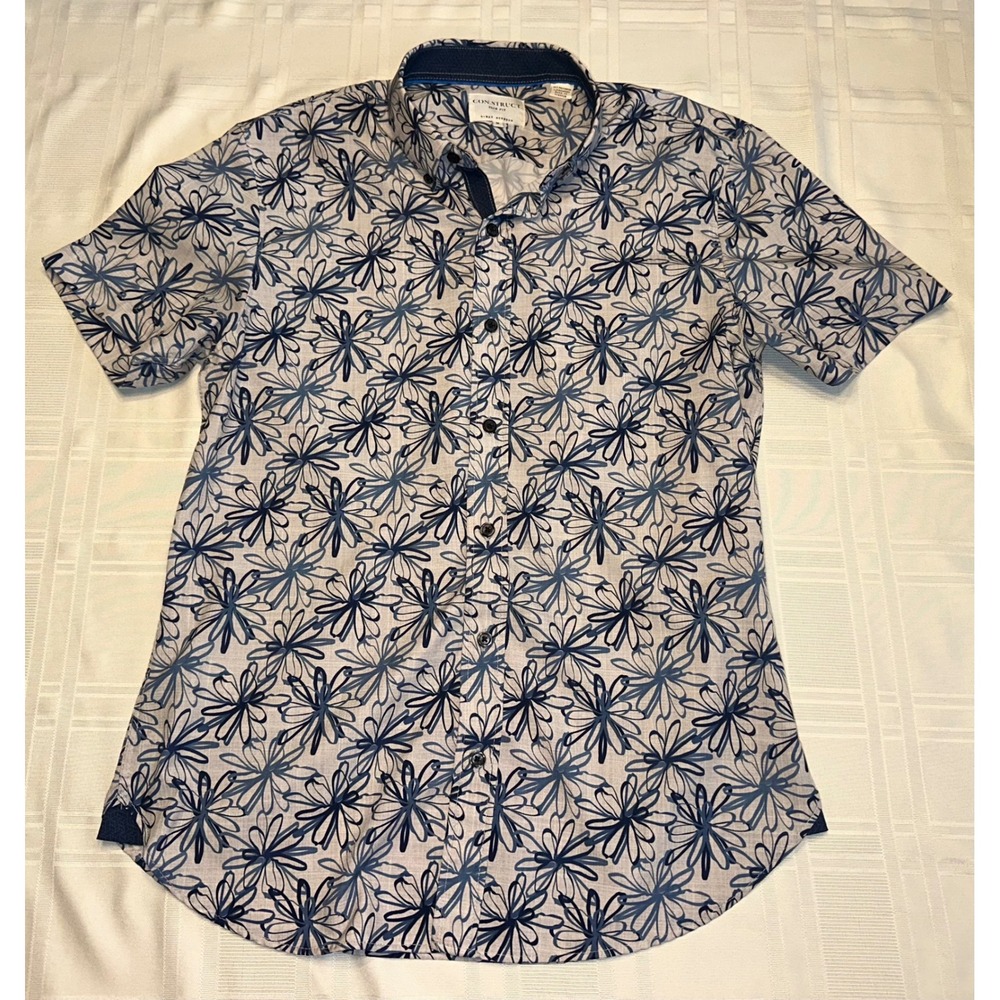 CON.STRUCT Shirt Mens M Grey Blue Floral Slim Fit 4-Way Stretch Short Sleeve
